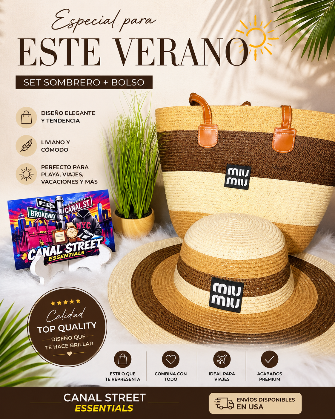 BOLSO TIPO TOTE Y SOMBRERO PLAYERO MIU2